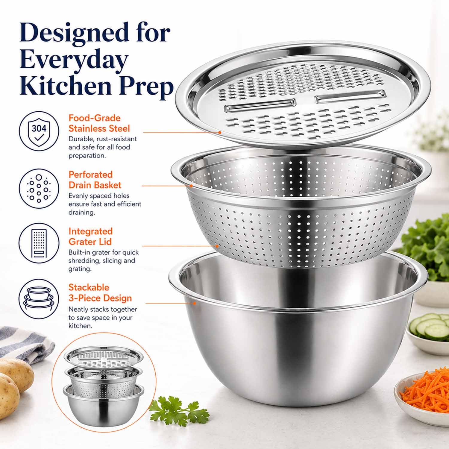 Multifunctional Stainless Steel Basin with Grater,11 in / 28 cm，1PCS：L | 3 in 1 Multipurpose Drain Basket Grater Basin Bowl,Fast Prep Slicer Bowl, for Potatoes, Vegetables, Fruit Washing