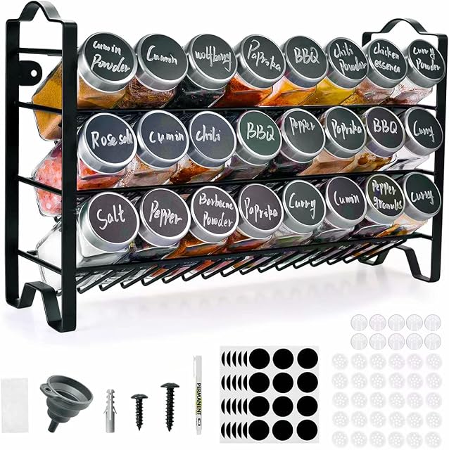 Miorkly Spice Rack Free Standing with 24 Glass Spice Jars, Spice Rack Available for Inside Cupboard | Inside Drawer 3 Tier Spice Rack Organiser for Spice Storage, Seasoning Organizer Spice Shelf