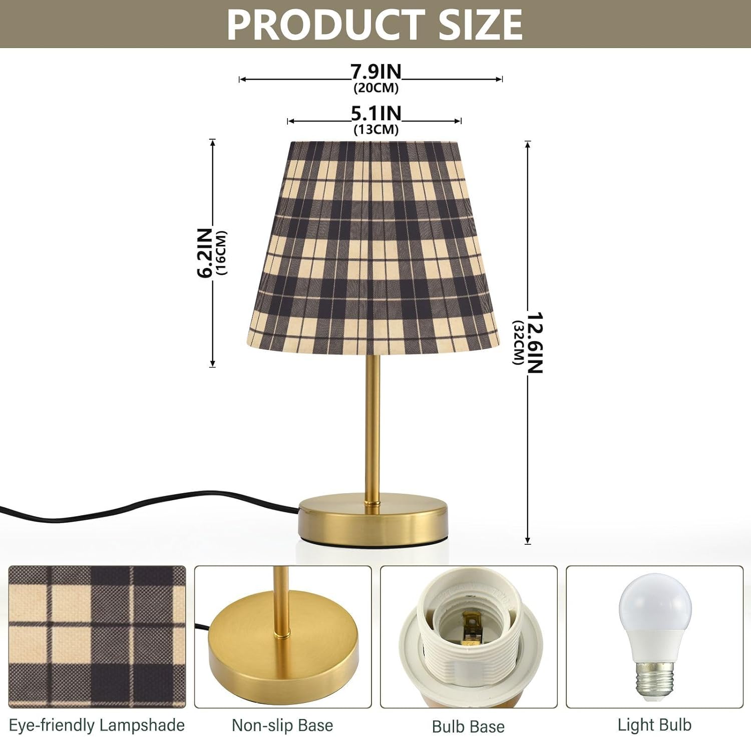 FRODOTGV Black Beige Buffalo Plaid Table Lamps with Shade 3 Lighting Modes Bedside Night Lamp for Bedroom Nightstand Desk Antique Brass Base