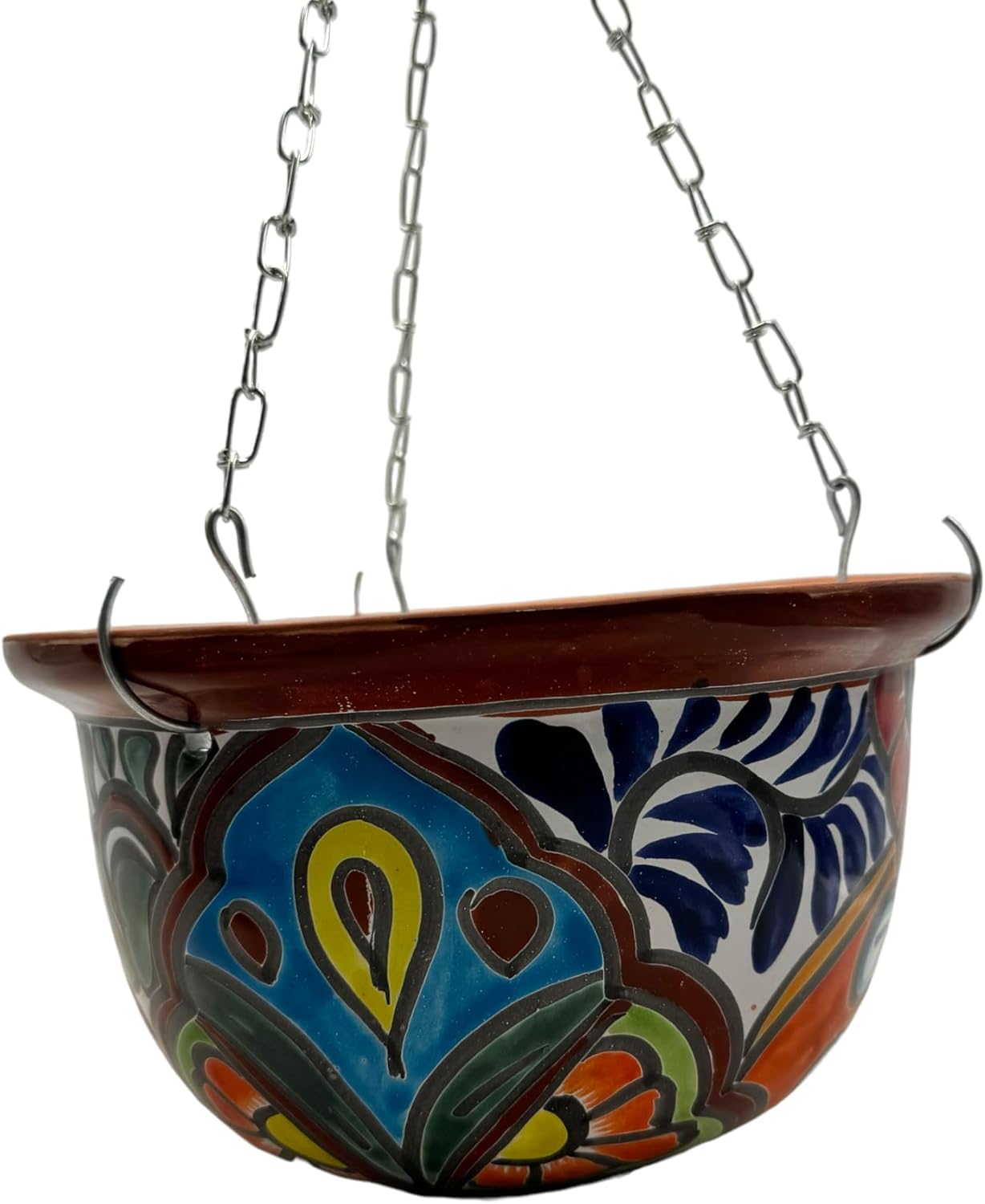 Talavera Hanging Planter w/Chain Pot Folk Art Multicolor Home Decor Mexican Pottery Hand Painted Handmade Outdoor Indoor (Multicolor 3)