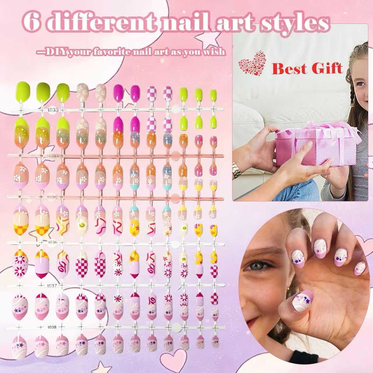 144 Piece Press on Nails for Kids, Ayzrmly 6 Pack Kawaii Children Fake Nails, False Nails Kit Colorful DIY Nail Art Decorations for Girls, with Jelly Nail Glue and Jelly Nail Adhesives Tools