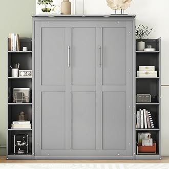 Harper & Bright Designs Full Size Murphy Bed, Wooden Full Murphy Wall Bed with Shelves and LED Lights, Gray