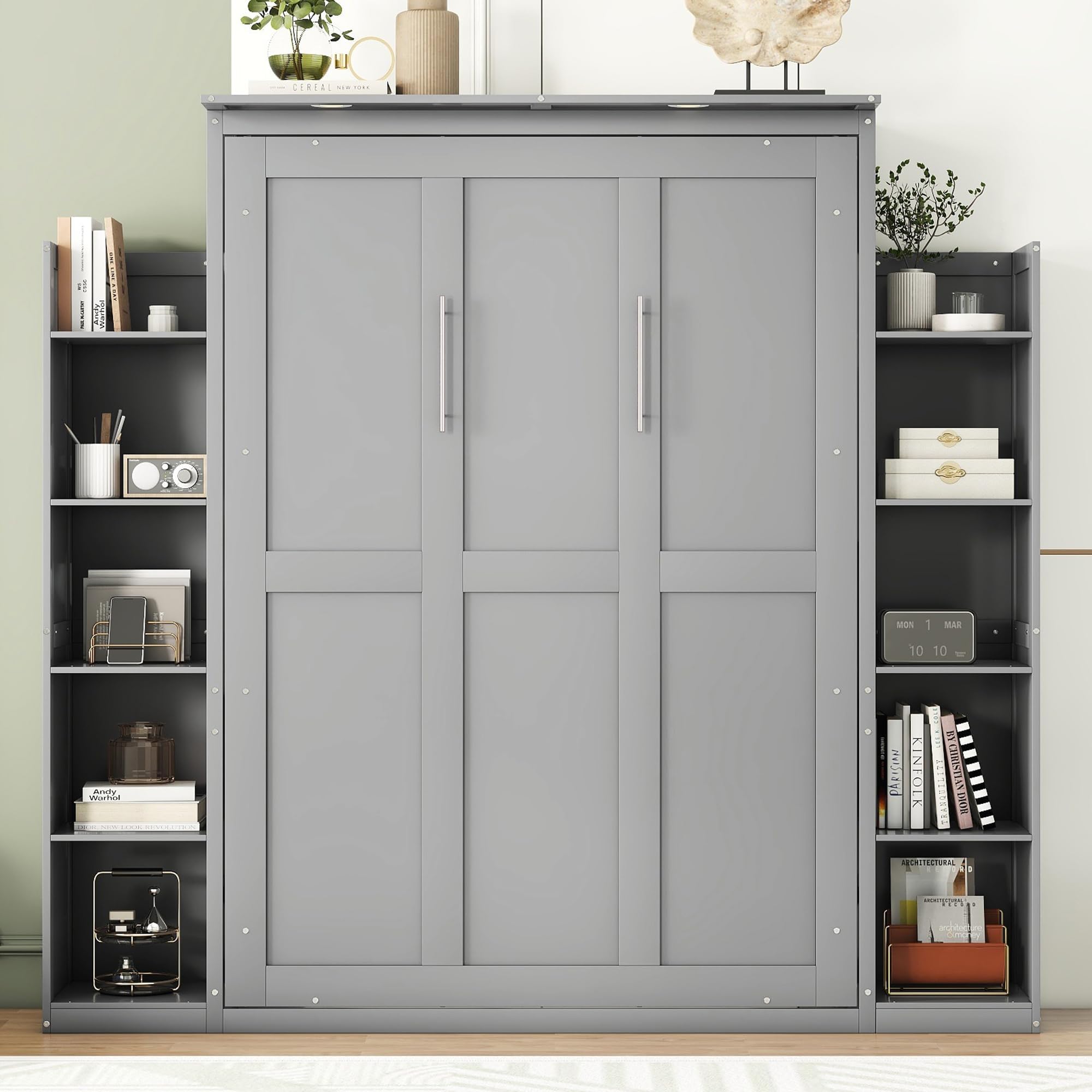 Harper & Bright Designs Full Size Murphy Bed, Wooden Full Murphy Wall Bed with Shelves and LED Lights, Gray