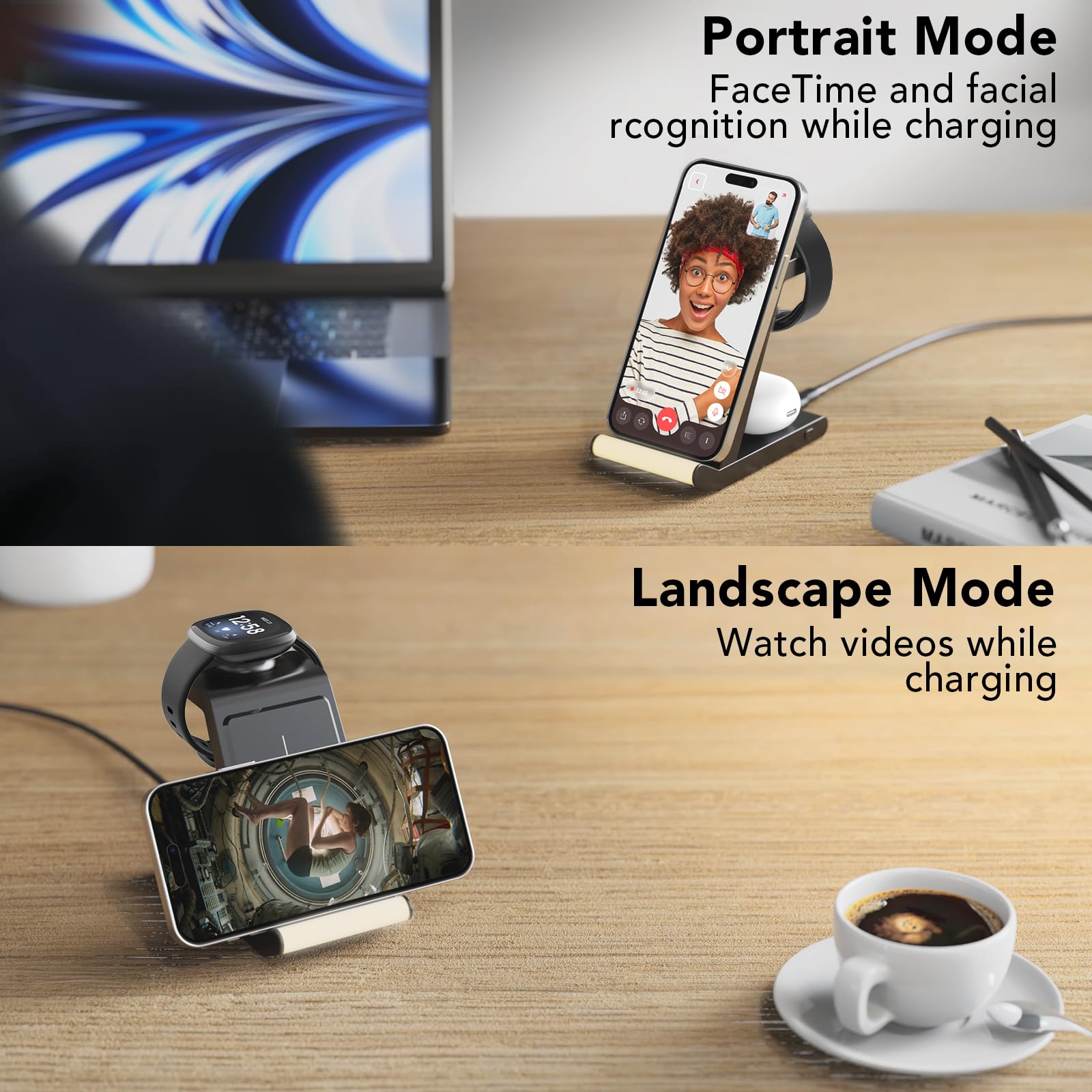 Wireless Charger Stand for Fitbit Versa 4/Versa 3/Sense 2/Sense and Pixel Watch 2,3 in 1 Charging Station Dock for iPhones,Galaxy Phones,for Galaxy Buds Pro,AirPods