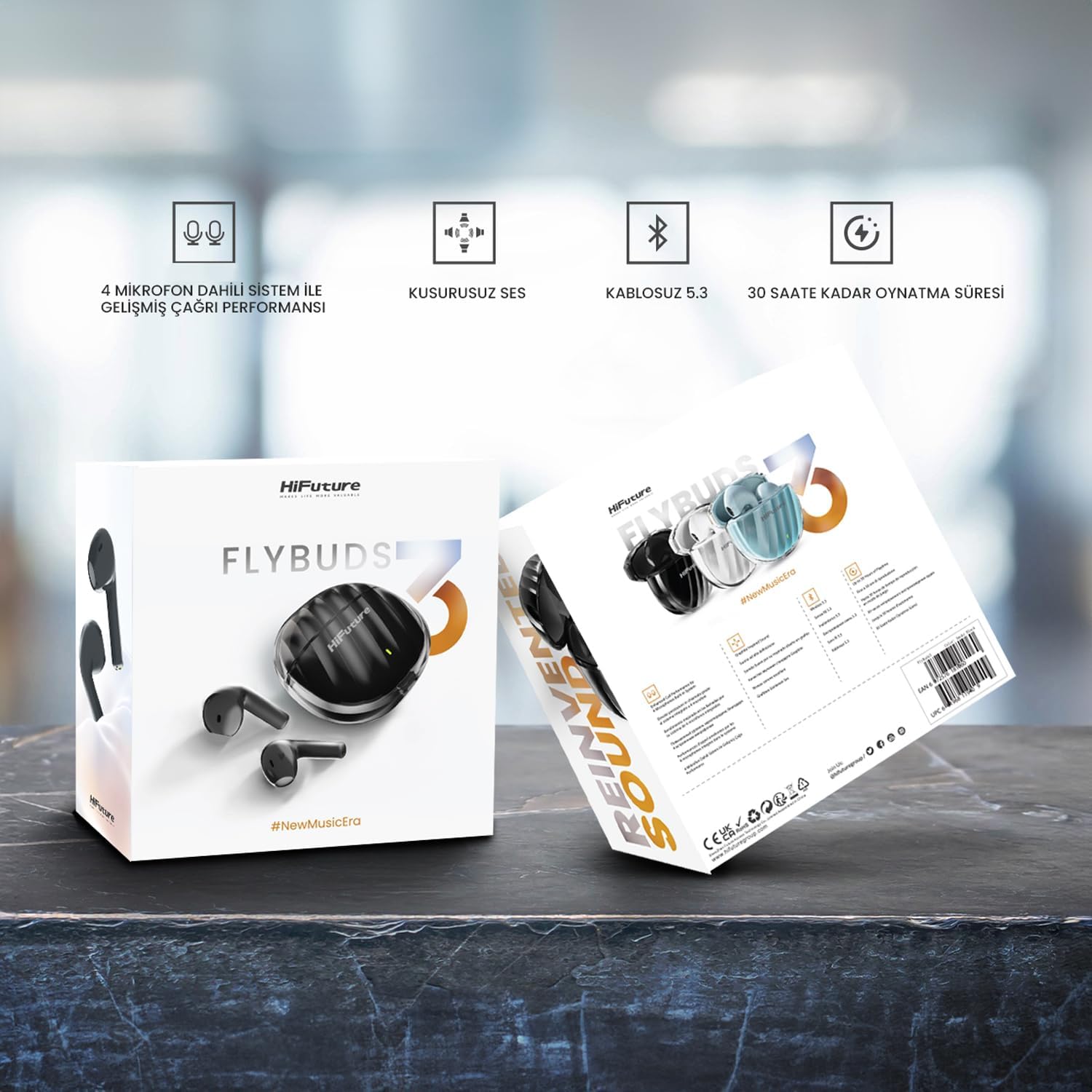 HiFuture FlyBuds3 product packaging showing key features like 4 microphones, perfect sound, Bluetooth 5.3, and 30 hours playtime. The packaging is white with black and teal accents.