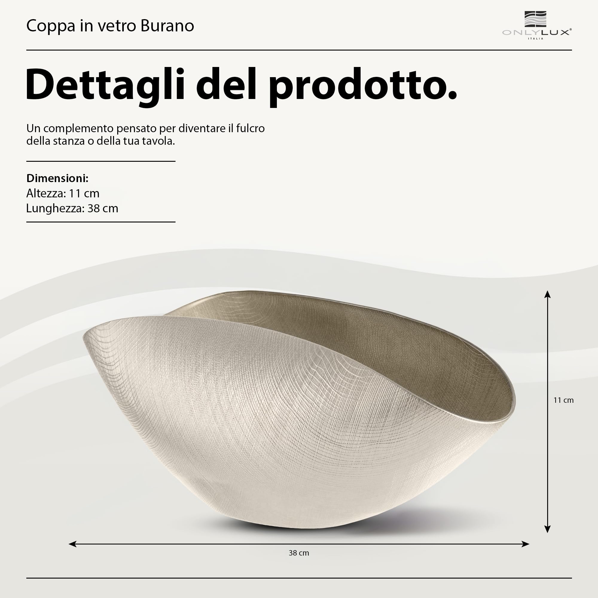 Onlylux Coppa Burano - Centrotavola in Vetro Centrifugato Decorato a Mano, Design Artistico Ovale, Dimensioni 38x11 cm, Svuotatasche di Design per Arredamento di Lusso e Idee Regalo