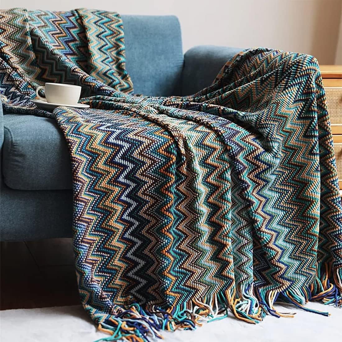 Fennco Styles Blue Zigzag Soft Boho Throw Blanket with Tassel 50" W x 60" L - Colorful Crochet Chevron Tapestry Blanket for Indoor Outdoor Use, Couch, Bedroom, Living Room, Office Décor