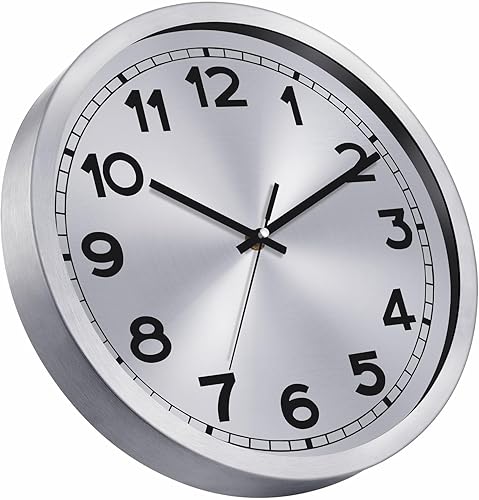 Miniatura 4 de Plumeet Reloj de pared pequeño, 10 pulgadas, funciona con pilas, con marco de aluminio plateado, reloj de pared de metal silencioso que no hace