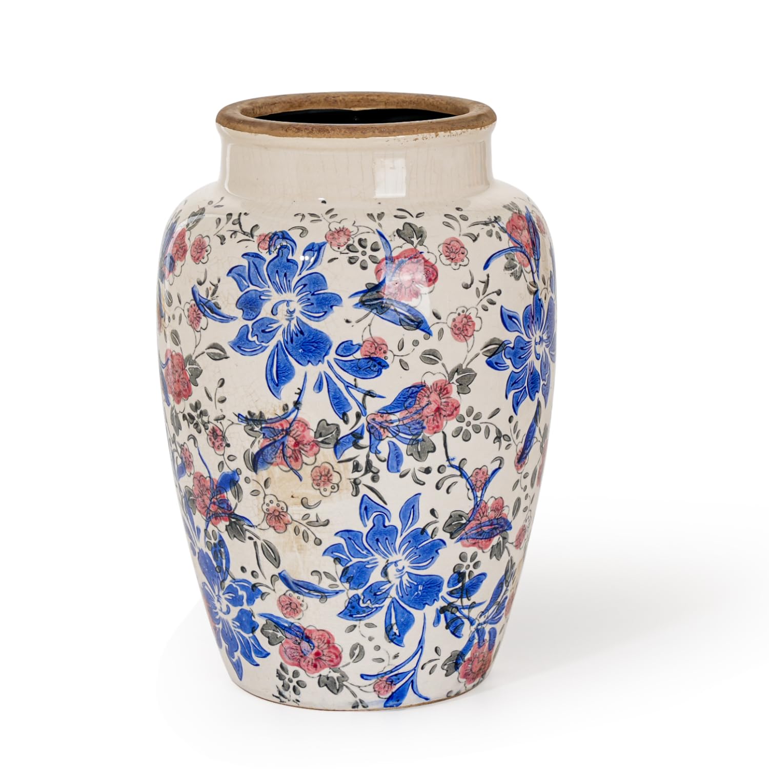Sungmor Blue And White Ceramic Flower Vase, Vintage Ice Crackled Glazed Porcelain Vase, Pretty Centerpieces Flower Arrangement Vase For Home Decor, 10.2 Inch Decorative Vases For Table, Shelf, Mantel