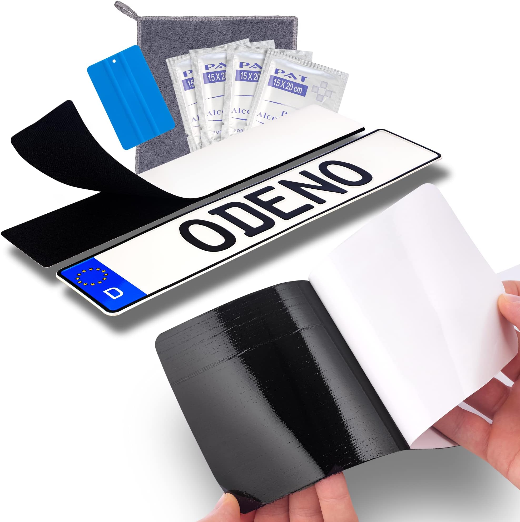 Odeno® Velcro Number Plate Holder Set, Frameless, Self-Adhesive, Number Plate Holder for Any Car, Extremely Strong, Weatherproof Adhesive and Velcro Fastener