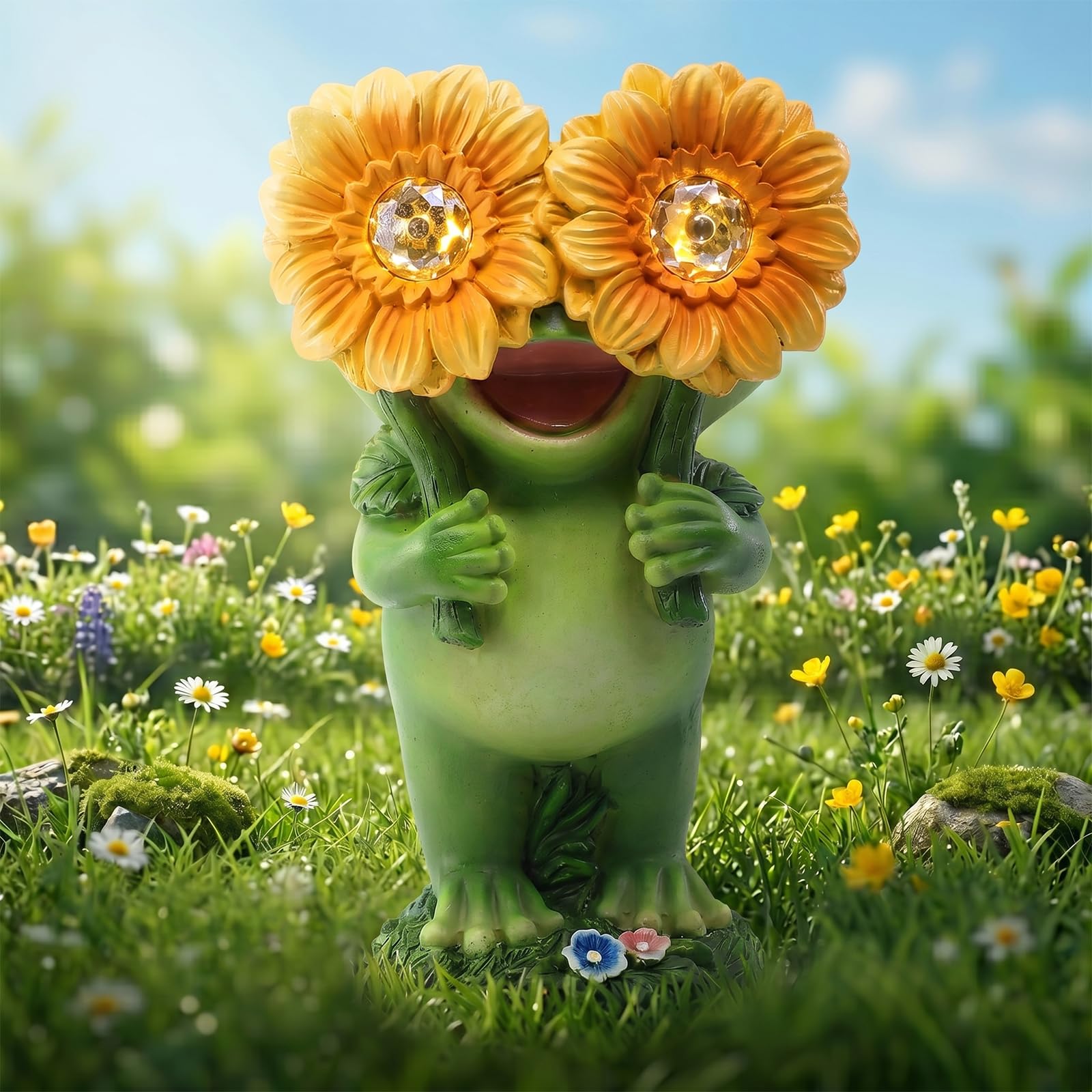 Eiswayla Solar Garden Frog Ornament - Funny Standing Frog Statue with Glowing Sunflower Eyes - Waterproof Resin Outdoor Decoration for Lawn, Patio & Flowerbed - Novelty Gardening Gifts for Women
