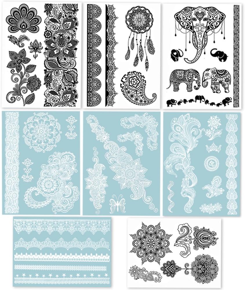 Hakuna 8 Sheets Temporary Tattoos - Over 40+ Henna Designs, Black&White Lace Style Body Art Stickers