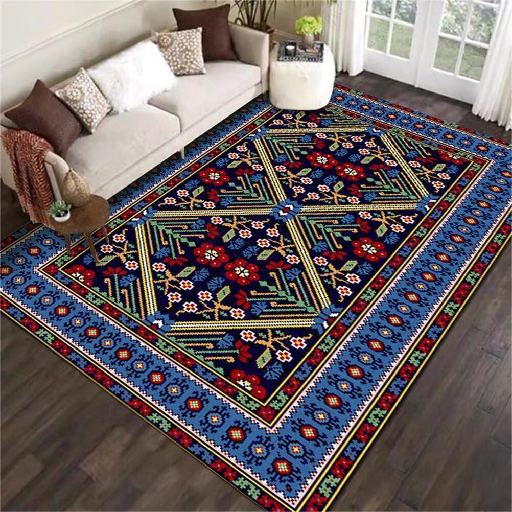 Tapis design salon bleu et rouge vintage idéal pour sublimer une chambre de fille