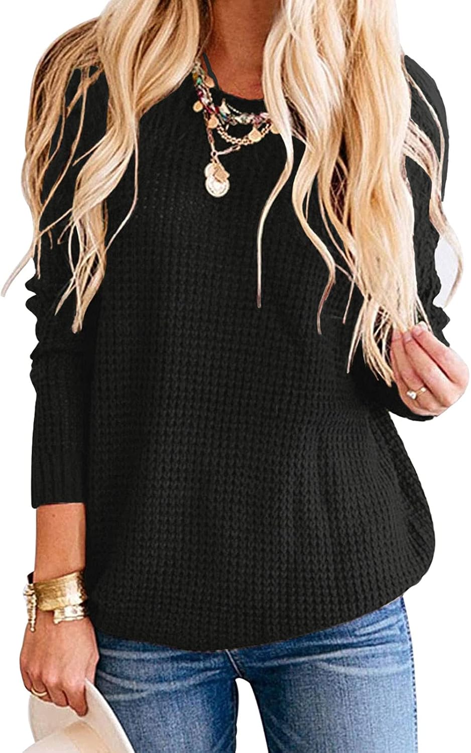 ZESICA Women's Long Sleeve Crew Neck Waffle Knit Casual Loose Oversized Pullover Sweater Jumper