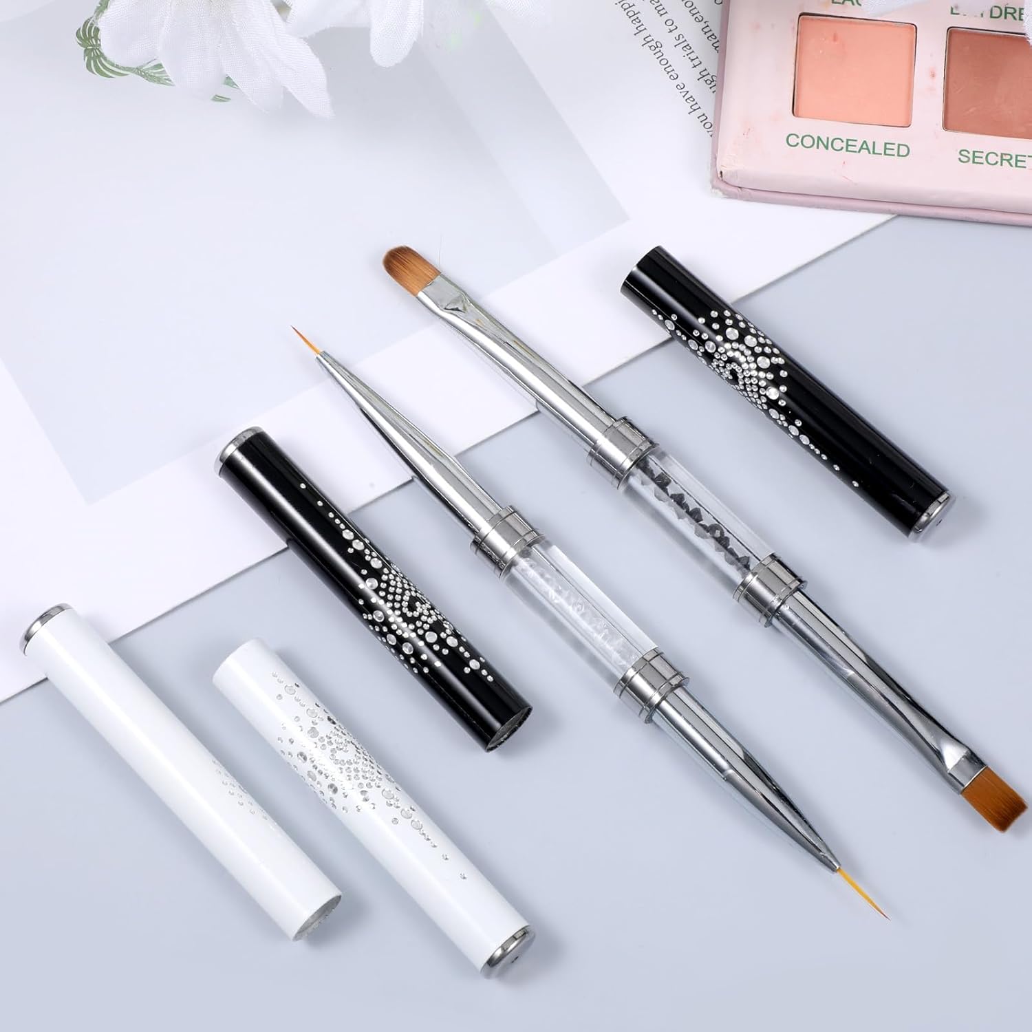 2Pcs Double-Ended 3D Nail Hard Gel Brushes, Black/White French Tip Liner Brush, Rhinestone Handle Sculpting Tool, Salon Quality Acrylic Nail Art Brushes, DIY Home Manicure Tools for 3D Designs