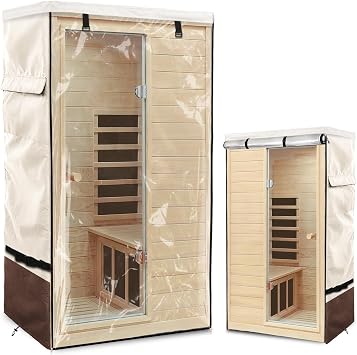 Outdoor Wood Sauna Cover,Sauna Covers with Separate Top Cover for Wood Home Spa Saunas,37" Lx29 Dx62 H with PVC Clear Door Design,Beige&Brown