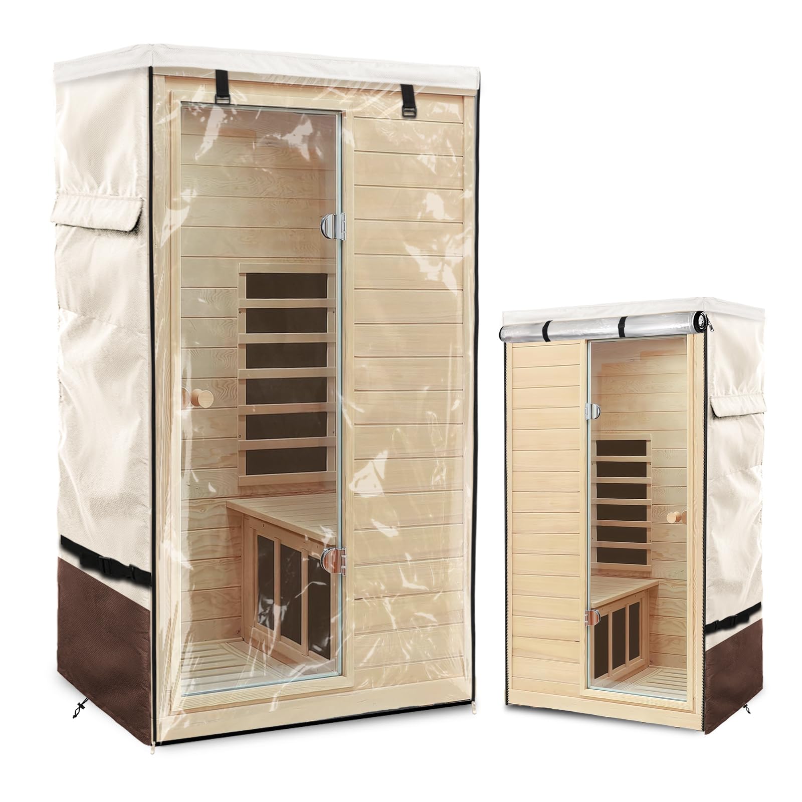 Outdoor Wood Sauna Cover,Sauna Covers with Separate Top Cover for Wood Home Spa Saunas,37" Lx29 Dx62 H with PVC Clear Door Design,Beige&Brown-image-26