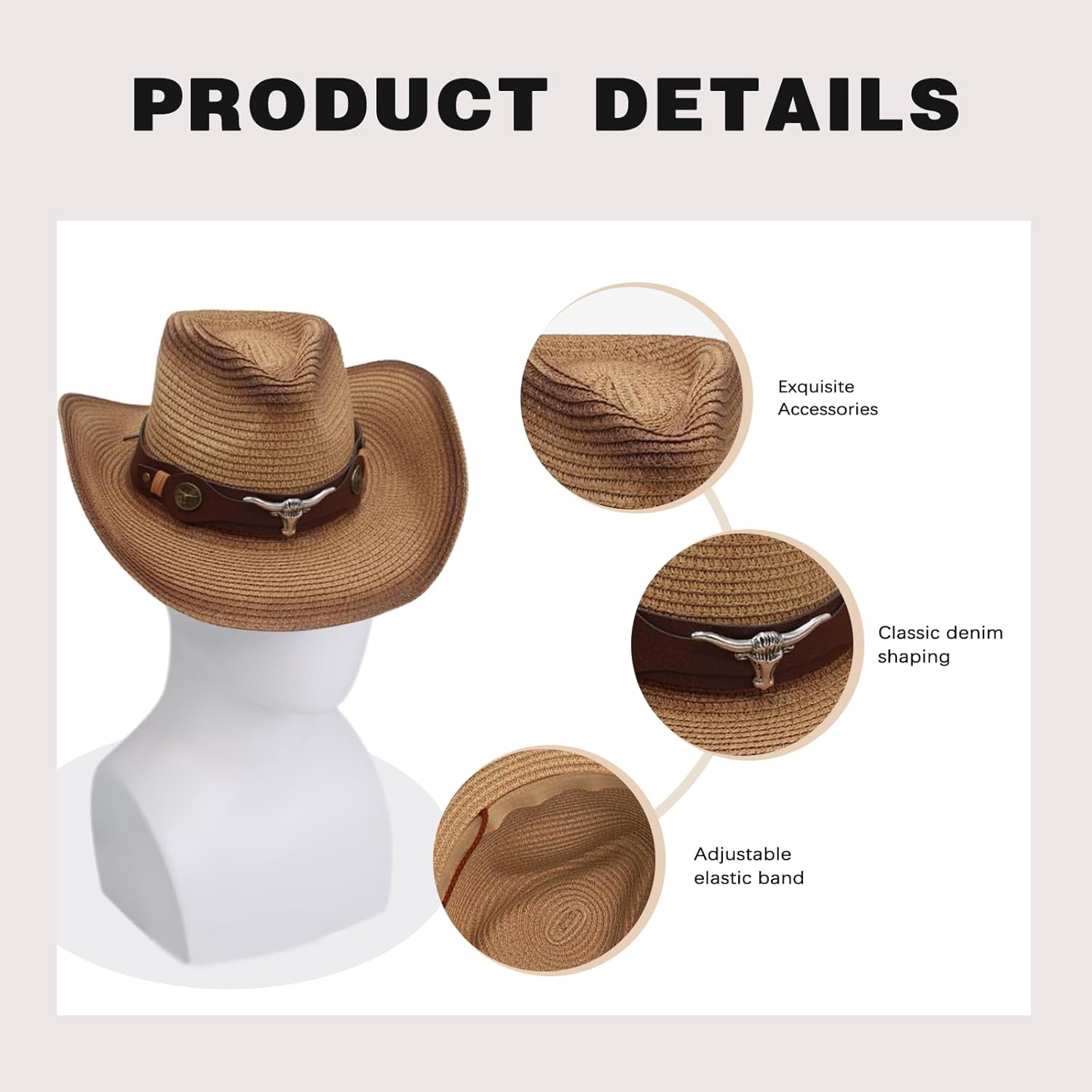 Women/Men Straw Cowboy Hats Western Cowgirl Hat Foldable Wide Brim Cowboy Hat Travel Vacation Beach Sun Hats - Image 3