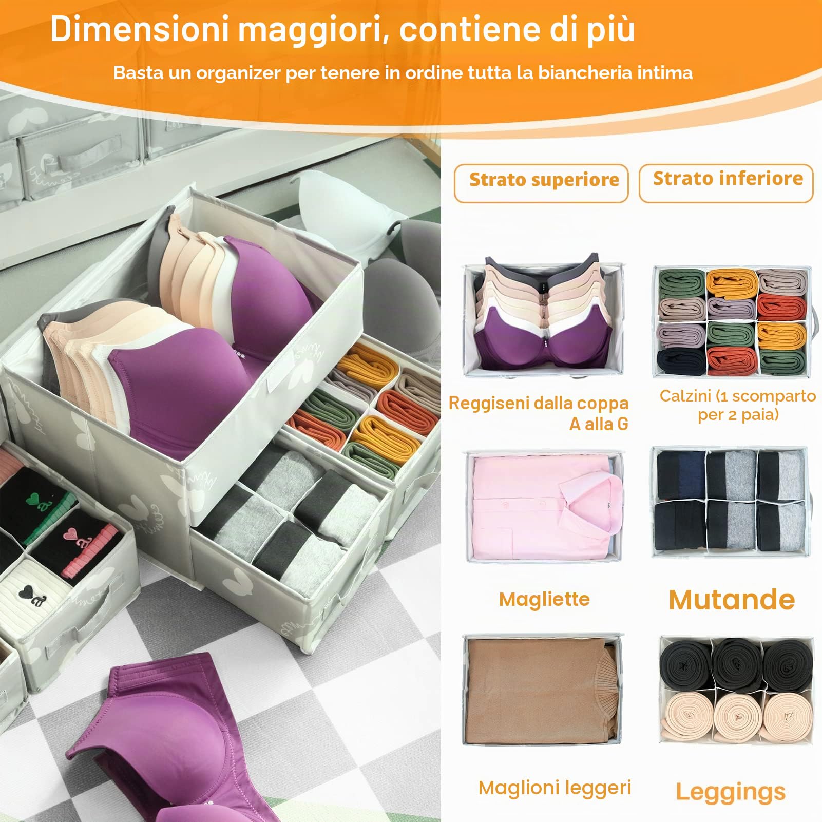 2 Pezzi Organizer per Biancheria Intima e calze, Armadio Divisori Pieghevole per Cassetti, Organizer per vestiti con coperchio per reggiseno, mutandine, magliette, maglioni