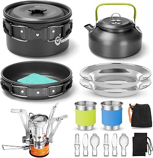 Odoland 16pcs Camping Cookware Mess kit for Camping, Backpacking, Outdoor Cooking and Picnic with Folding Camping Stove, Non-Stick Lightweight Pot Pan Kettle Set with Stainless Steel Cups Plates Forks Knives Spoons