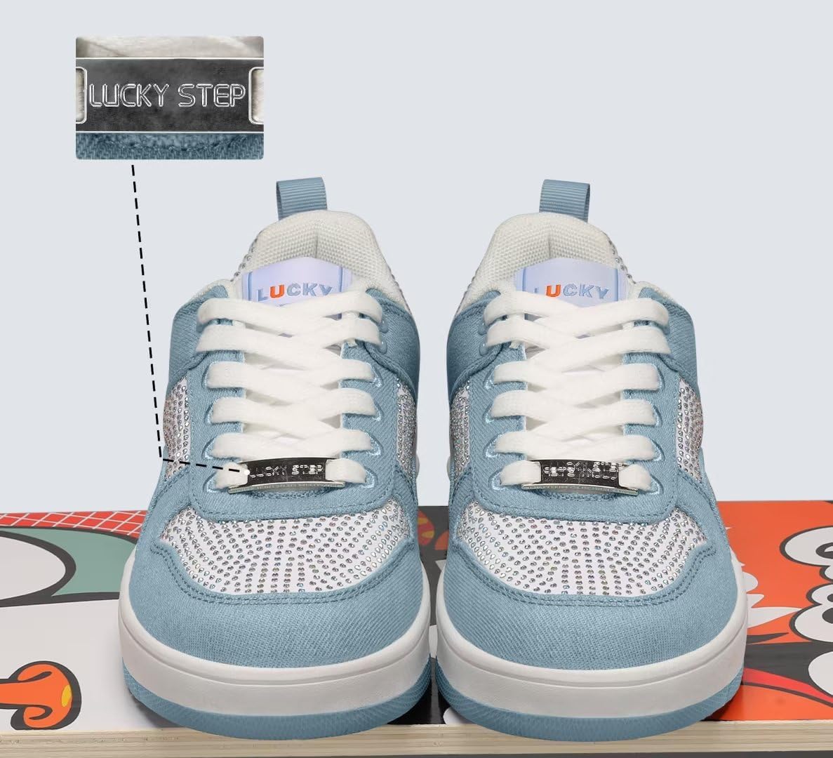 LUCKY STEP Women Fashion Sparkle Rhinestone Sneakers White Leather Low Top Tennis Shoes Lace Up Casual Comfortable Walking Shoe - Image 5