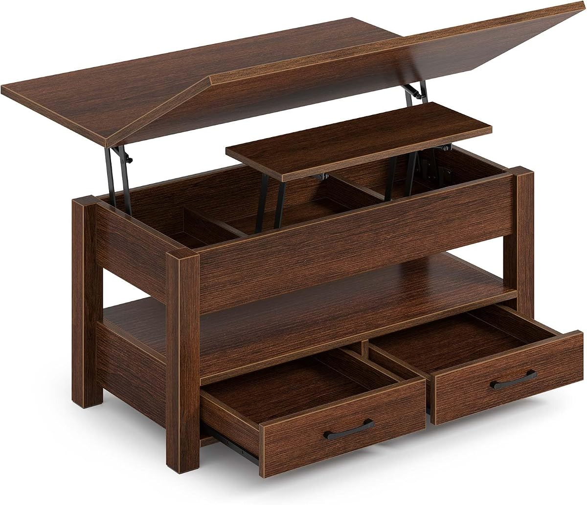 Rolanstar Lift Top Coffee Table with Drawers and Hidden Compartment, Multi-Function Convertible, Coffee Table Converts to Dining Table for Living Room, Home Office, Espresso