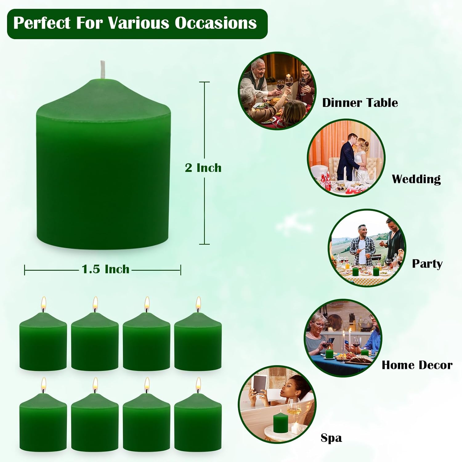 Votive Candles,Unscented Candles 10 Hour Bulk Pack of 24 Small Pillar Candle,- Small Candles for Birthdays, Home Decoration, Restaurants and Weddings (Green)