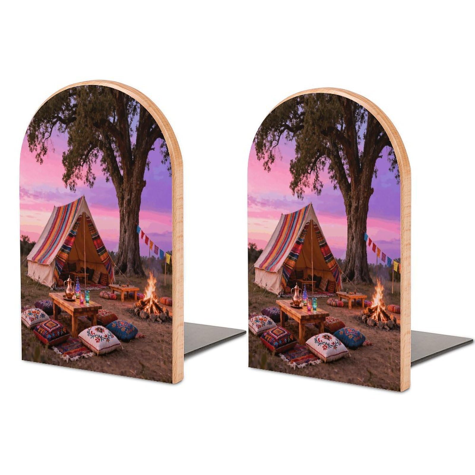 Bohemia Book Ends Wood Non-Skid Bookend for Shelves Heavy Duty Bookends with Metal Base Decorative Books Stopper Desk Organizers Book Dividers for Office Home 1 Pair