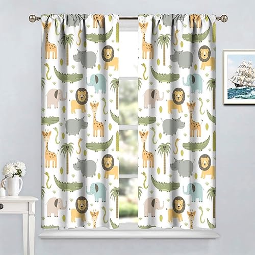 Miniatura 4 de Cortinas de animales de safari para guardería, tratamiento de ventana para dormitorio de niños, bebé, niños, bosque, selva, bosque, león, elefante,