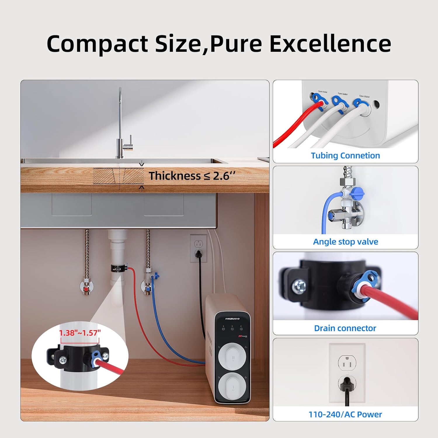 MIZUDO Reverse Osmosis Water Filter Tankless, 8 Stage Reverse Osmosis System Under Sink, 3:1 RO Water Filtration System, Mini Size 800GPD with Smart App Control