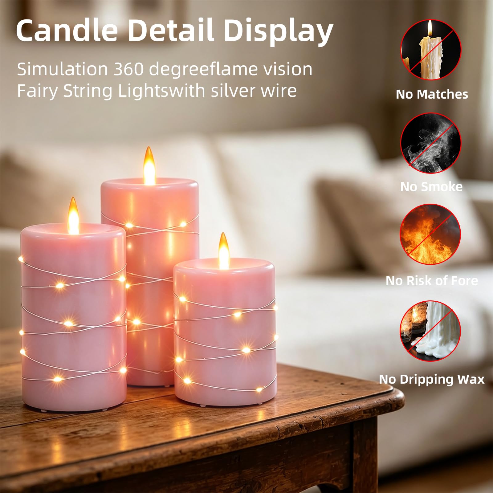 Candele LED Senza Fiamma set 3,Real Wax Pilastro Luce Candela Ricaricabili USB,con telecomando e timer Candele LED per festa, decorazione abitativa, campeggio, matrimoni (rosa)