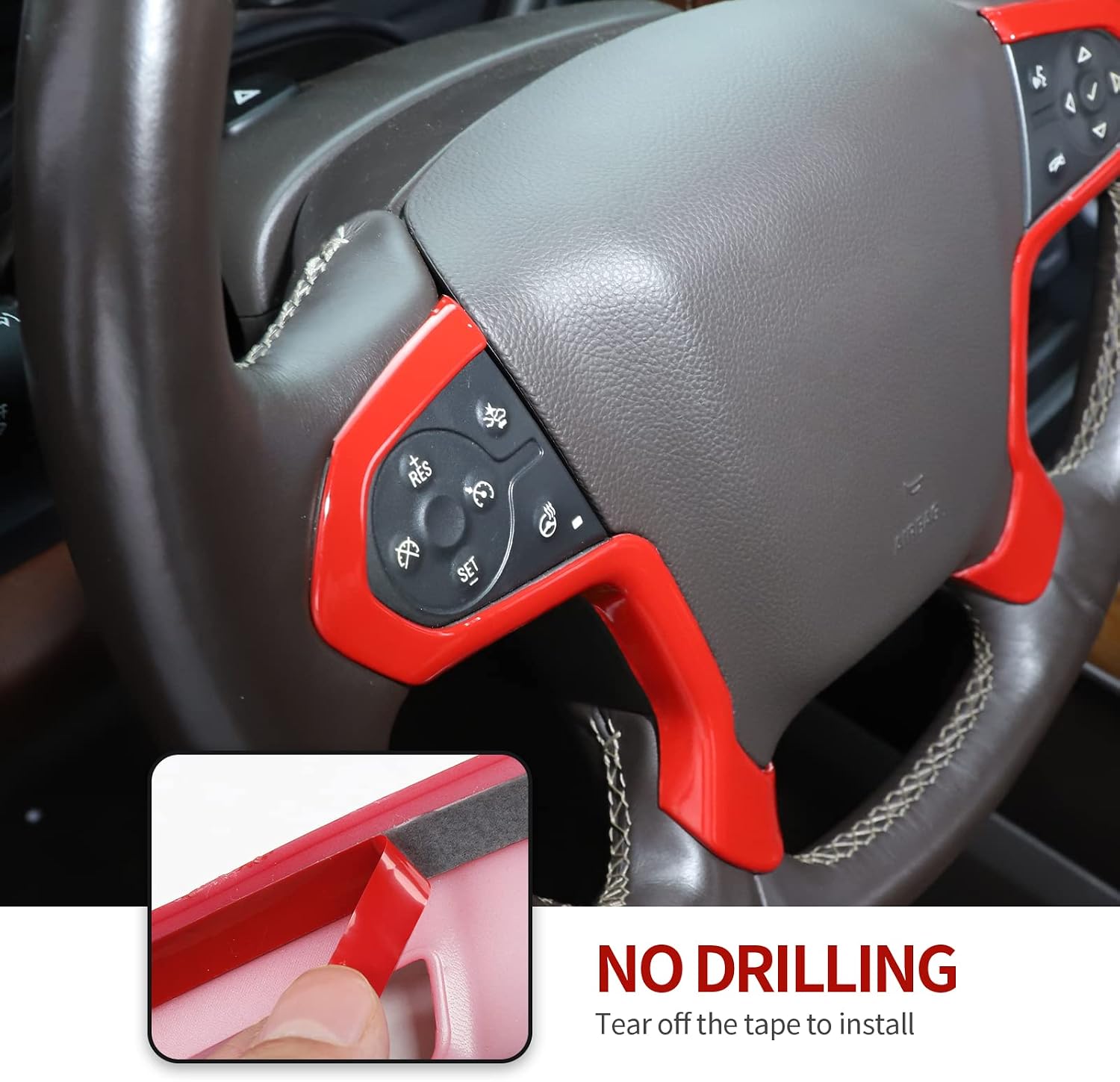 CheroCar for Chevrolet Silverado Steering Wheel Trim Cover ABS Decoration Interior Accessories for Chevrolet Silverado for GMC Sierra 2014-2018 (Red)