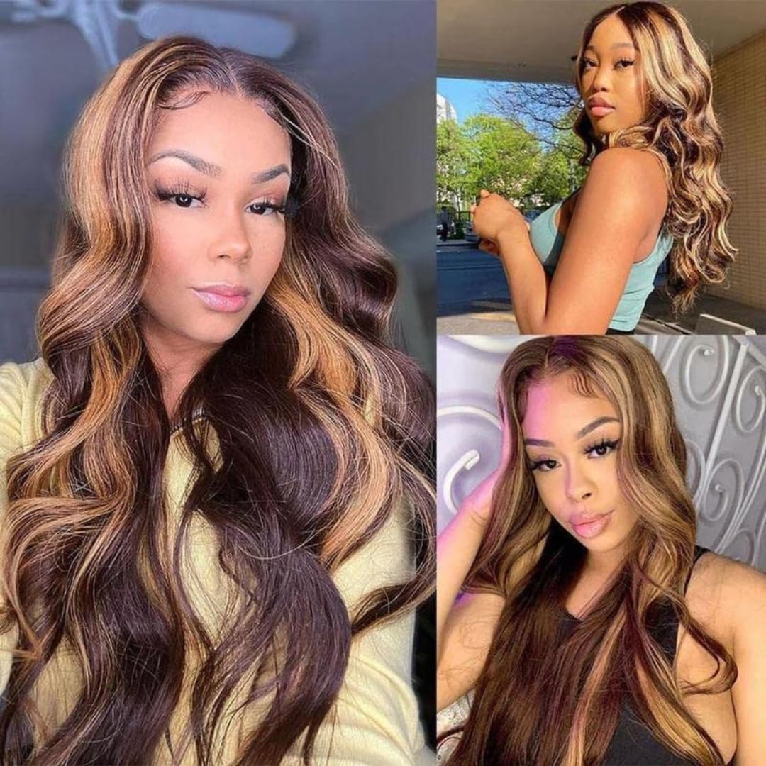 ALHER Small Cap Lace Front Wigs Human Hair 30 IN #4/27 Honey Blonde Highlight Body Wave 13X4 Lace Frontal Wig With Baby Hair 200% Density, Small Cap 21-21.5 Balayage Piano Colored Wig for Black Women