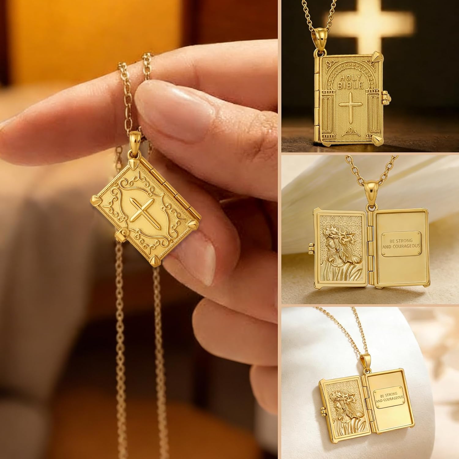 Bible Locket Necklace Miraculous Medal Jesus Cross Pendant with Picture -Photo Locket Gold Plated Holy Bible Verse Prayer Religious Faith Amulet Christian Jewelry Gift for Men Women