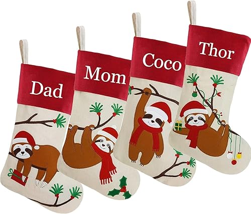 Miniatura 14 de DearSun Juego de 3, medias de Navidad personalizadas de 18 pulgadas con tecnología de bordado, diseños de Papá Noel, muñeco de nieve y renos