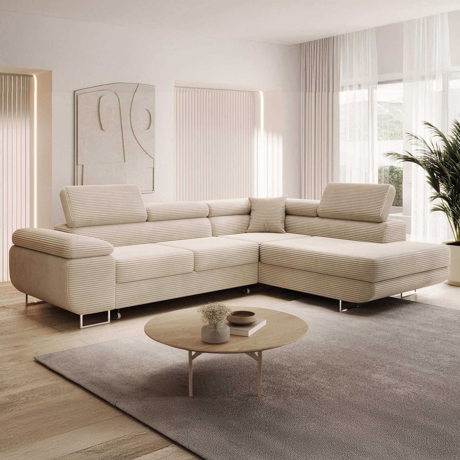 INTENSE DECO Canapé d'angle Droit Convertible Marius Velours côtelé Beige
