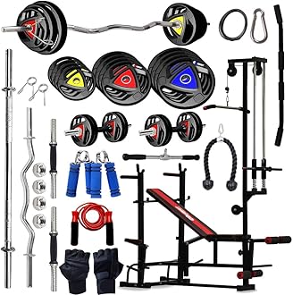 10KG -100KG Rubber Coated Weight Plates Combo with 20 IN 1 Home Gym Bench, 5Ft Plain and 3Ft Curl Barbell Rods (23mm), Pair of Steel Dumbbell Rod & Accessories (20, Kilograms)