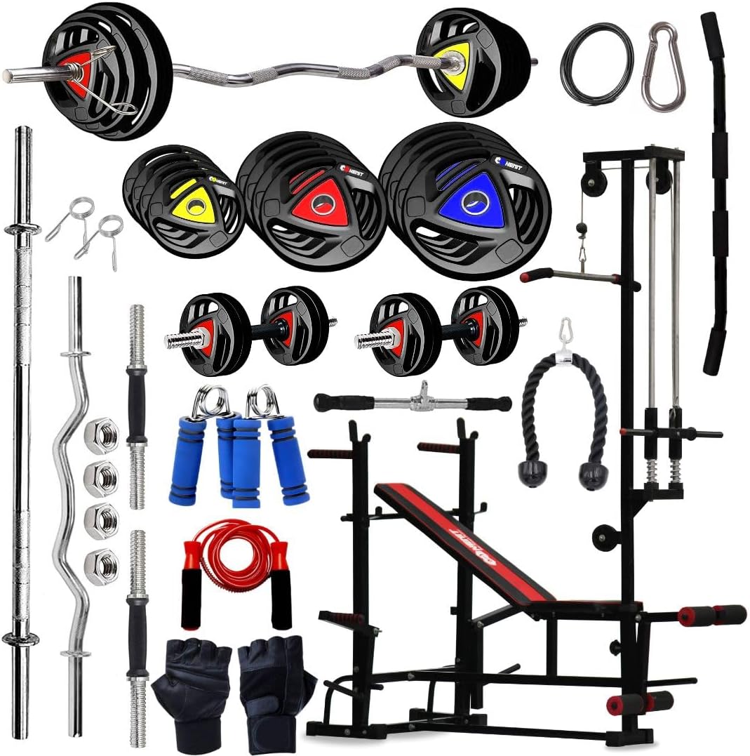 10KG -100KG Rubber Coated Weight Plates Combo with 20 IN 1 Home Gym Bench, 5Ft Plain and 3Ft Curl Barbell Rods (23mm), Pair of Steel Dumbbell Rod & Accessories (100, Kilograms)
