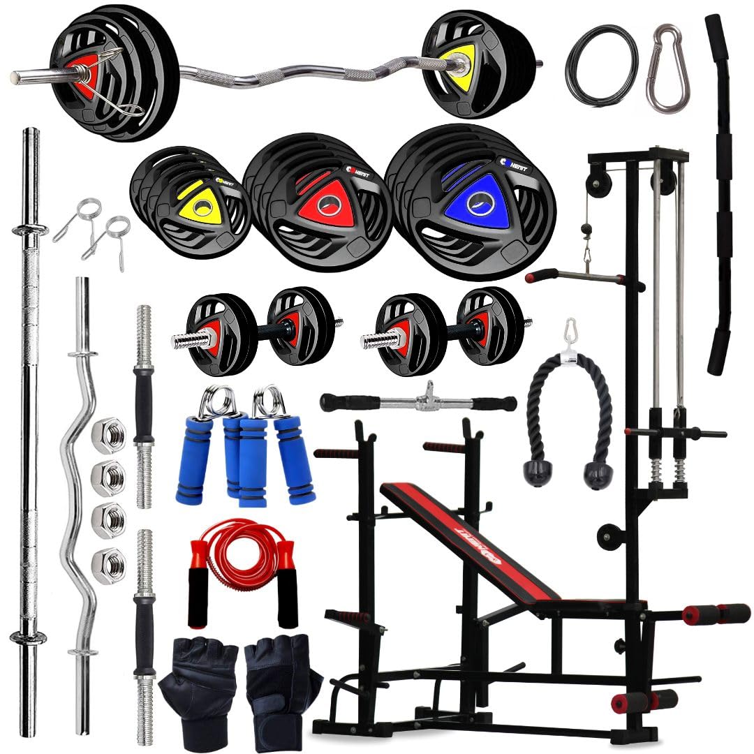 KENIT 10KG -100KG Rubber Coated Weight Plates Combo with 20 IN 1 Home Gym Bench, 5Ft Plain and 3Ft Curl Barbell Rods (23mm), Pair of Steel Dumbbell Rod & Accessories (50, Kilograms)