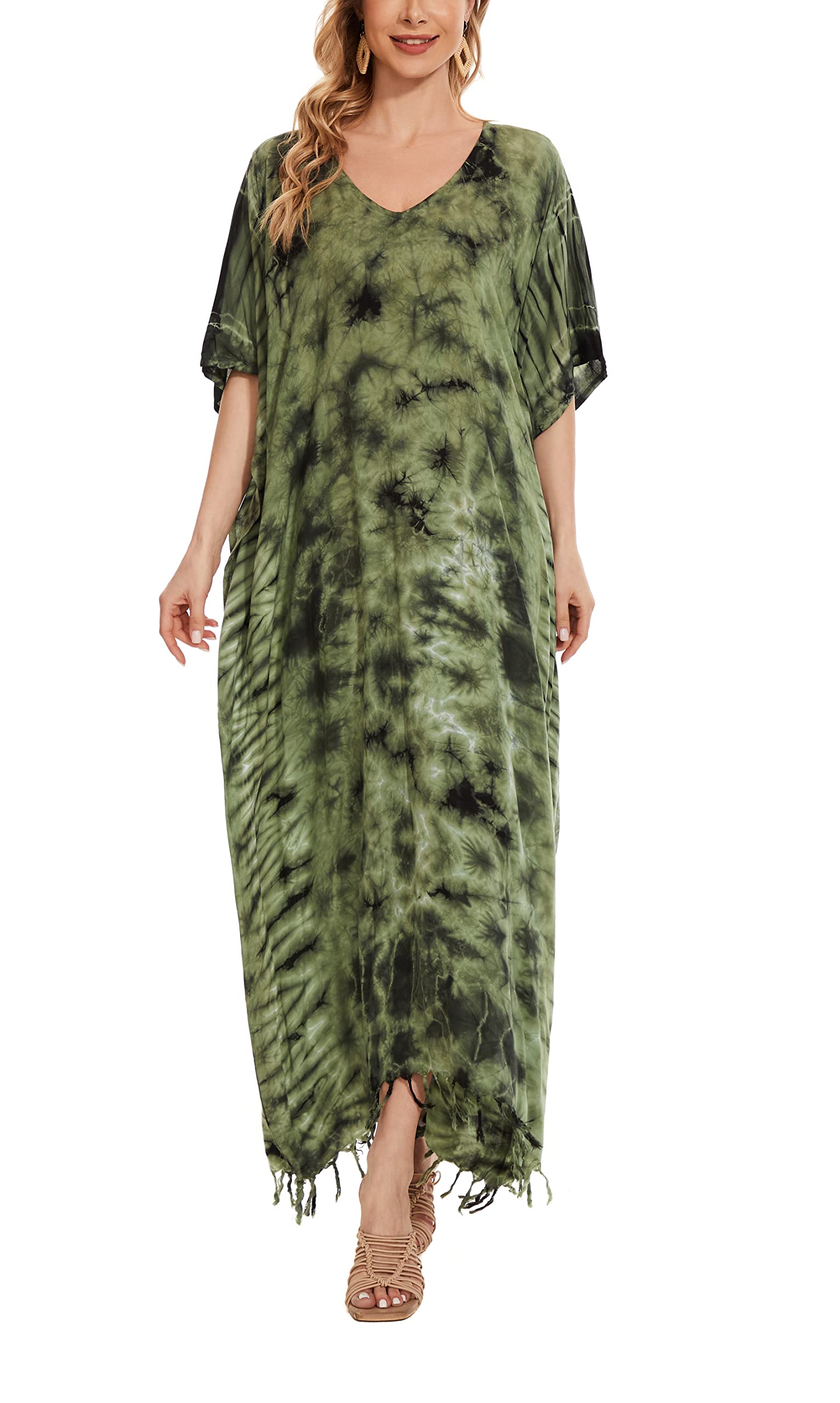 Beautybatik Women Hippie Tie Dye Caftan Kaftan Loungewear Maxi Plus Size Long Dress XL to 4X