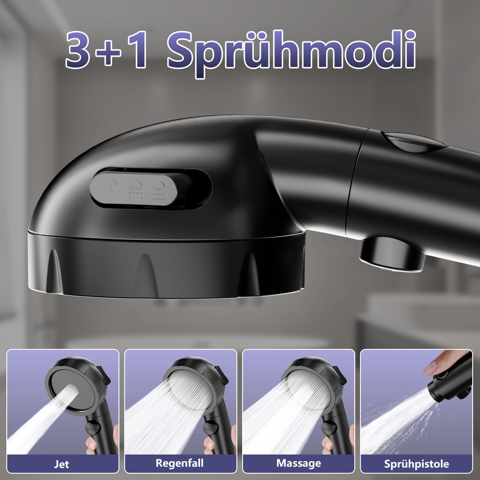 KAIYING Soffione doccia a risparmio idrico con filtro contro il calcare per acqua dura, 3+1 modalità di spruzzo, soffione doccia con tubo e supporto, doccetta ad alta pressione con interruttore on/off