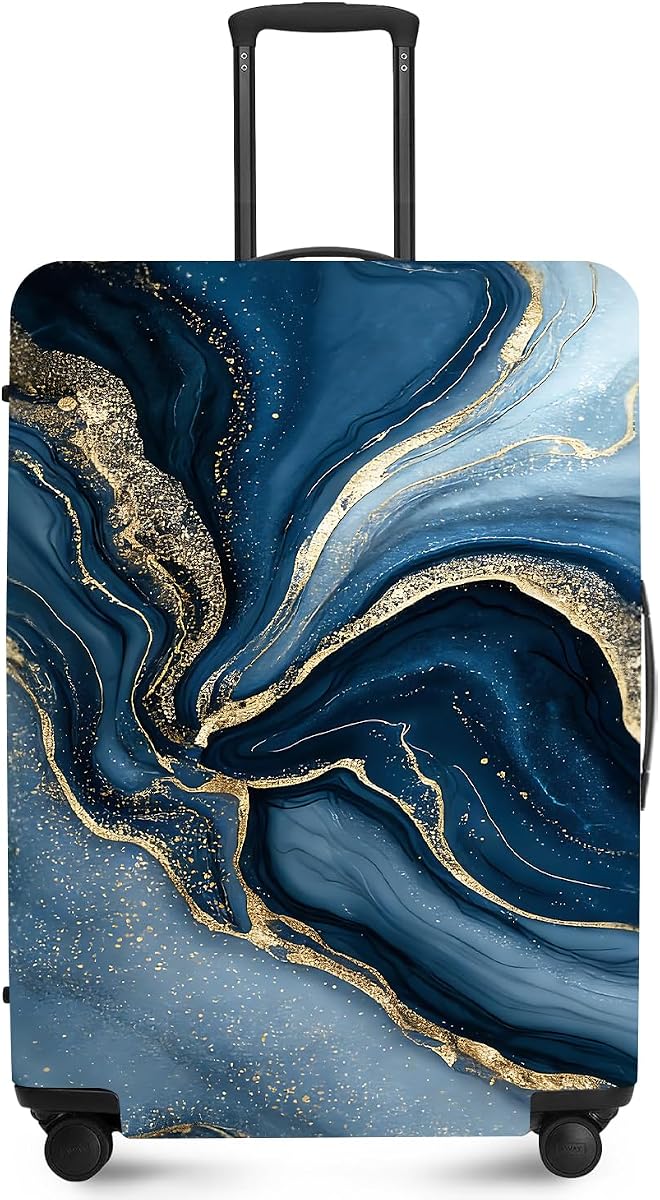 Blue Gold Marble Travel Luggage Cover -Stretchable Airplane Suitcase Protector Sleeve,Universal Washable Fit for 20-22 Inch Checked Baggage,Water Resistant Durable Luggage Protector