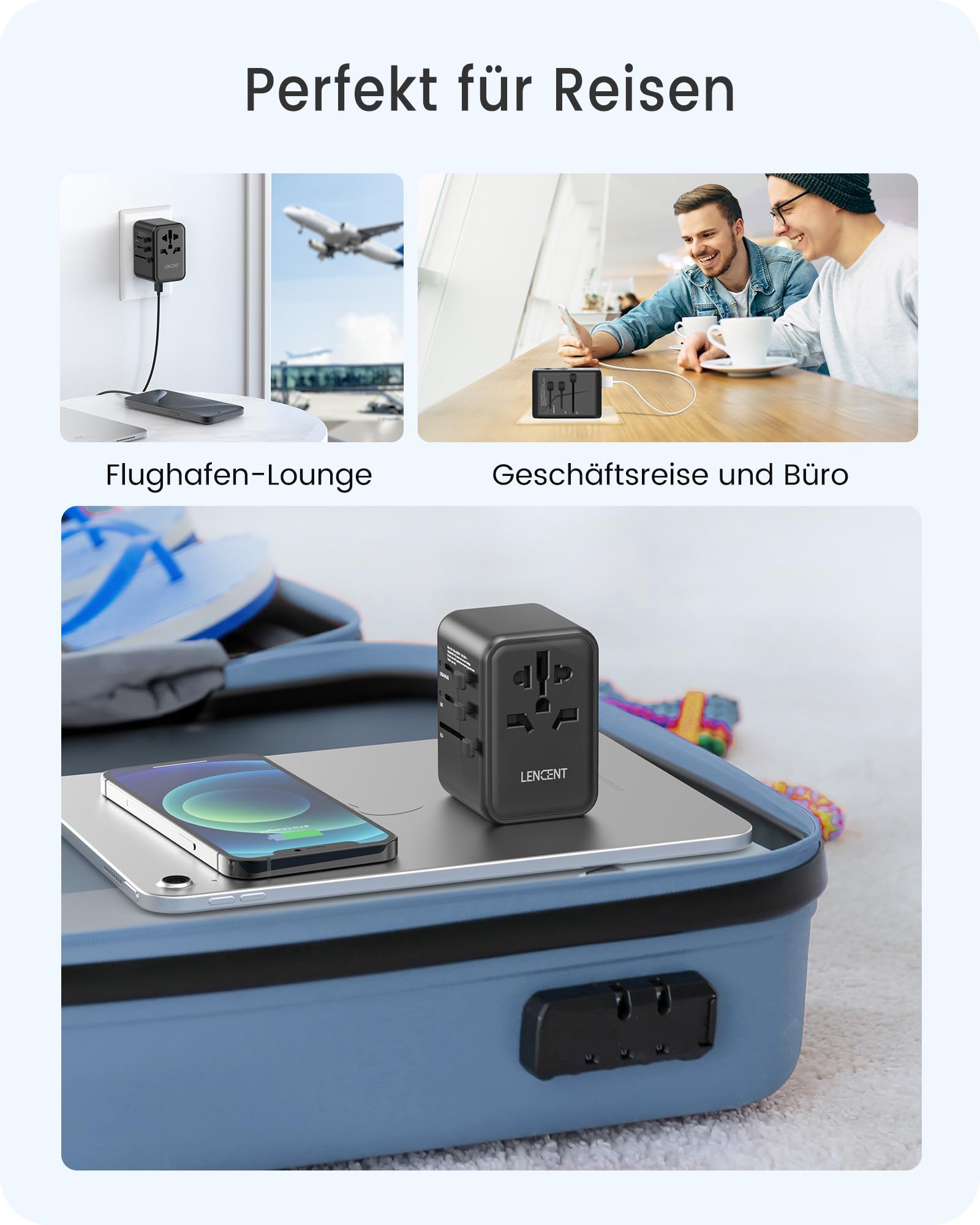 LENCENT Universeller Reiseadapter, GaN III 65W Internationales Ladegerät | mit 2 USB-A&3 Typ-C PD Schnellladung, Weltweiter Reisestecker Adapter für Typ A/C/G/I (USA/UK/EU/AUS) Steckdosen, Schwarz