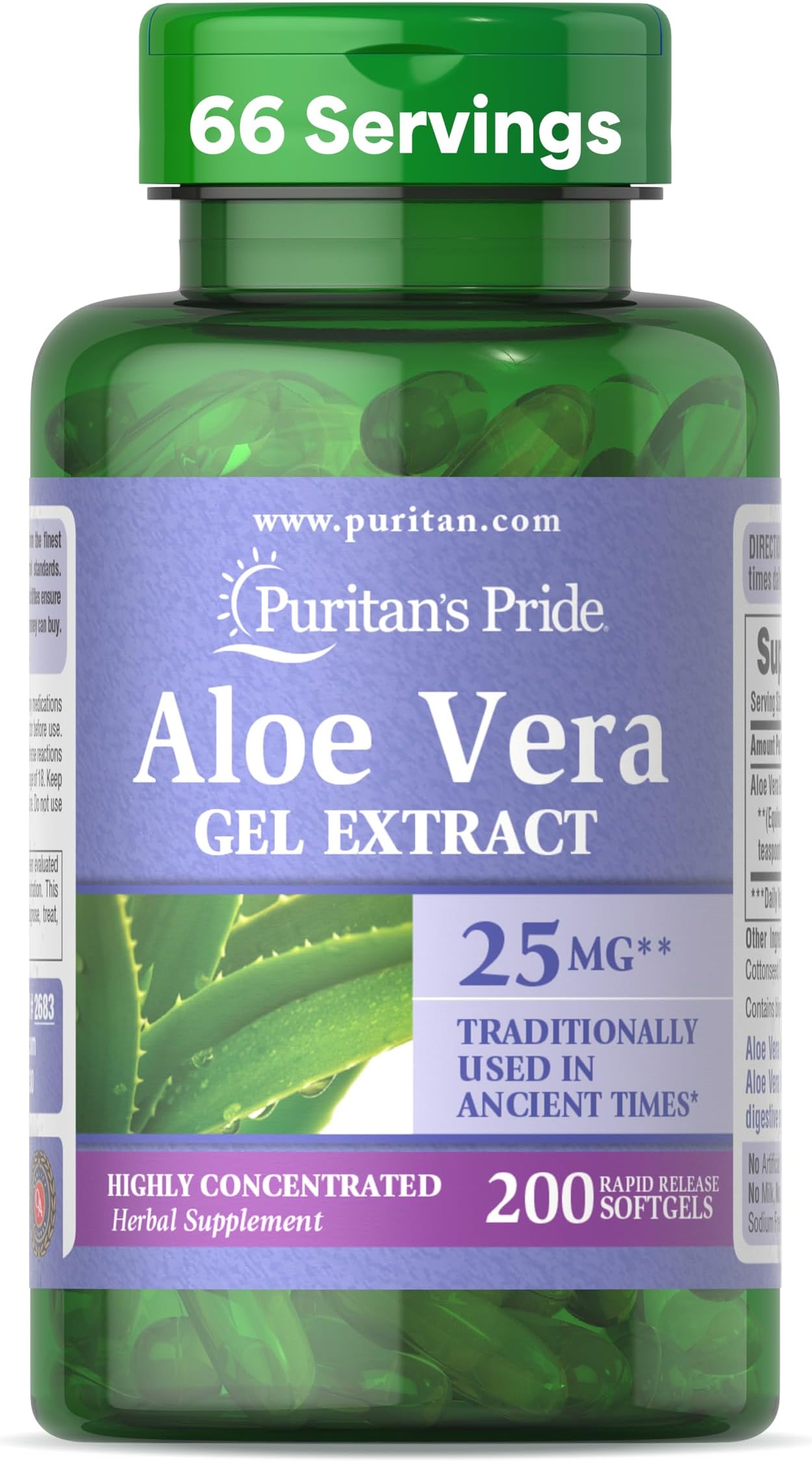 Puritan's Pride Aloe Vera Gel Extract 25 mg (5000mg Equivalent), Highly Concentrated Herbal Supplement, 200 Rapid Release Softgels (Packaging May Vary)