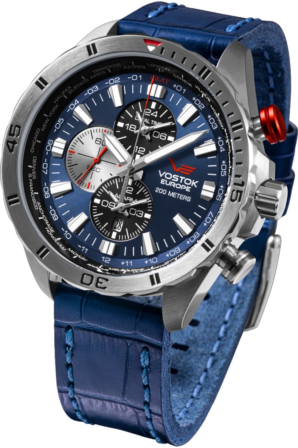 Vostok Europe Almaz Space Station Men's Watch Multifunction with Leather Strap, Blue, Strap.
