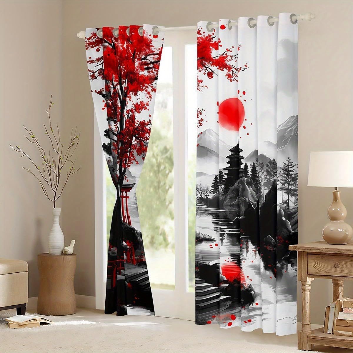 Cortinas de Estilo japonés con Estampado de Paisaje Natural, Opacas, para Sala de Estar o Dormitorio (An x Al:2x132 x 90 cm)