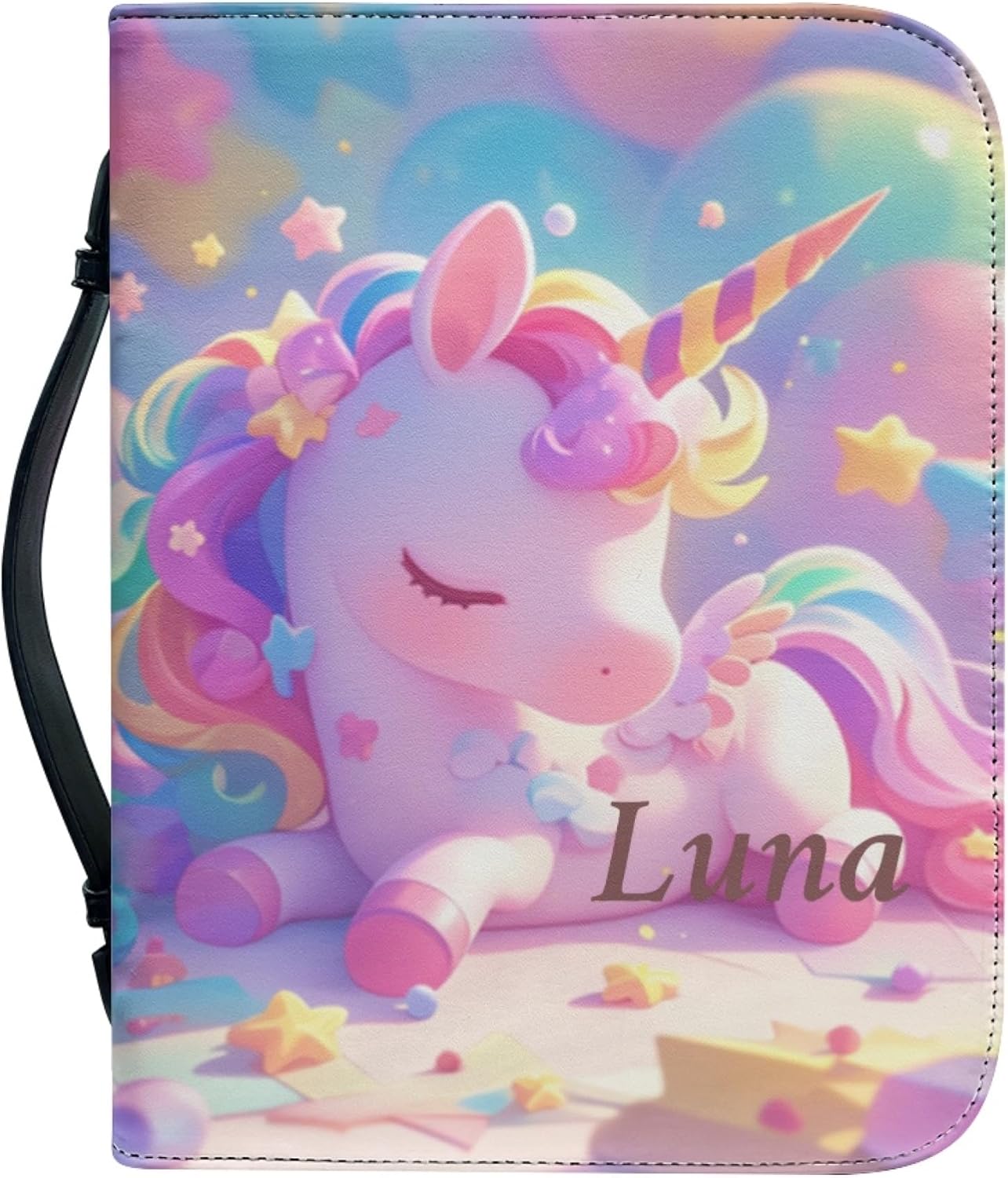 Custom Leather Unicorn Bible Cover for Girls Pink Church Tote Bag Pouch Personalized Large Bible Carrying Case Customized Bible Study Supplies, X-Large Size