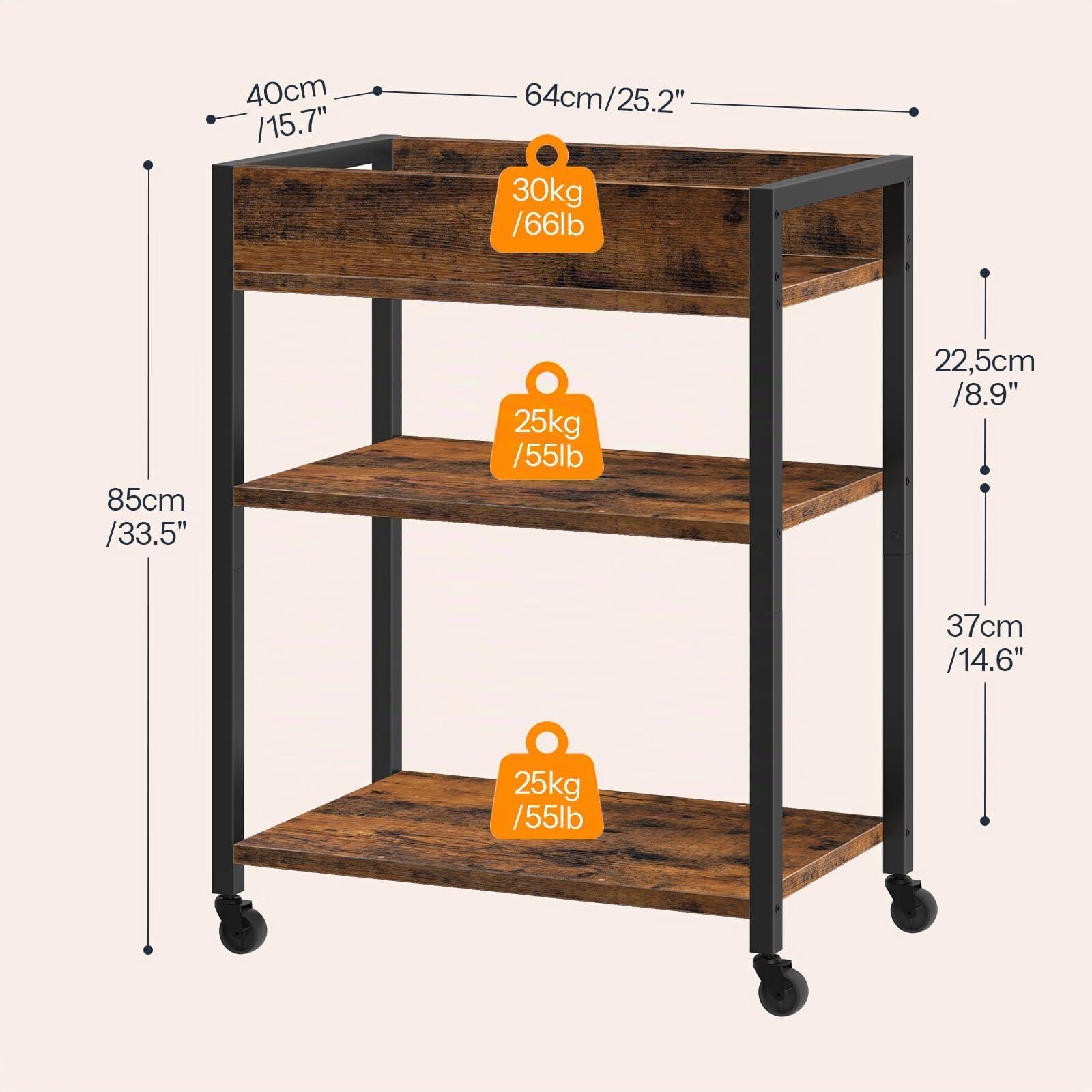 HOOBRO Carro de Servicio de 3 Niveles, Carrito con Barandilla, Carro de Cocina, Estantería de Comedor y Bar, 64 x 40 x 85 cm, para Restaurante, Salón, Bar, Marrón Rústico y Negro EBF64TC01