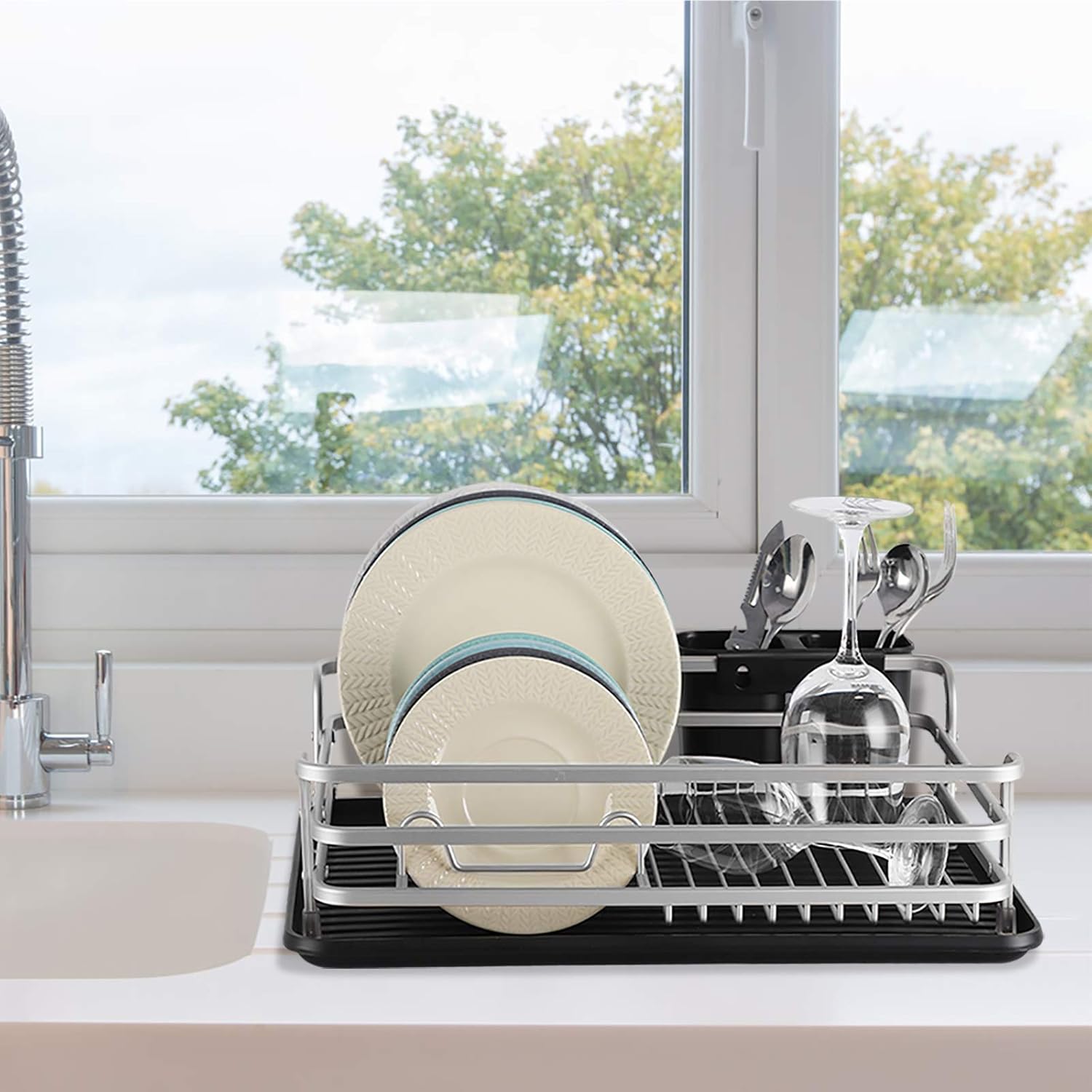 MOOACE Aluminum Dish Drying Rack, Counter Rustproof Dish Storage with Cutlery Holder, Removable Drainer Tray, Silver