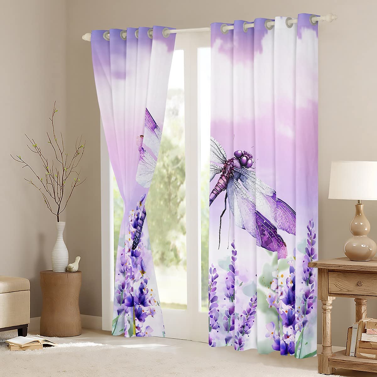 Manfei Dragonfly Blackout Curtain Lavender Flower Window Drapes for Kids Boys Girls Room Decor Botanical Floral Print Window Treatments Grommet Top 2 Panel Set Bedroom Curtains - Image 3